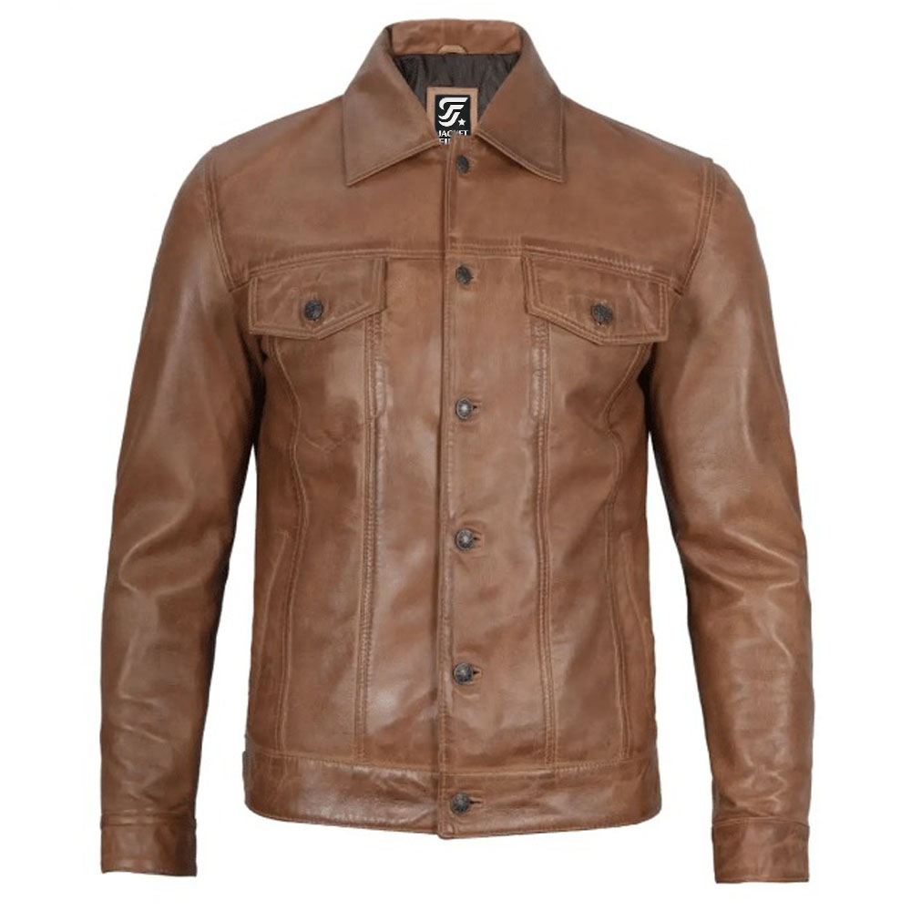 Mens Trucker Brown Leather Jacket by Jacket Field