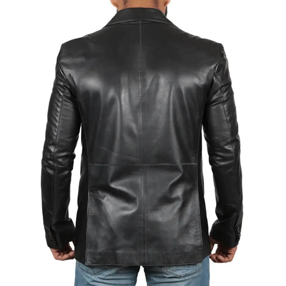 Men's Two-Button Blazer Black Leather Jacket by Jacket Field
