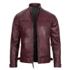 Mens Maroon Vegan Leather Quilted Biker Motorcycle Jacket by Jacket Field