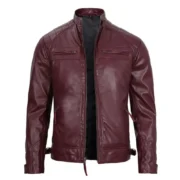 Mens Maroon Vegan Leather Quilted Biker Motorcycle Jacket by Jacket Field