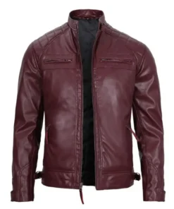 Mens Maroon Vegan Leather Quilted Biker Motorcycle Jacket by Jacket Field