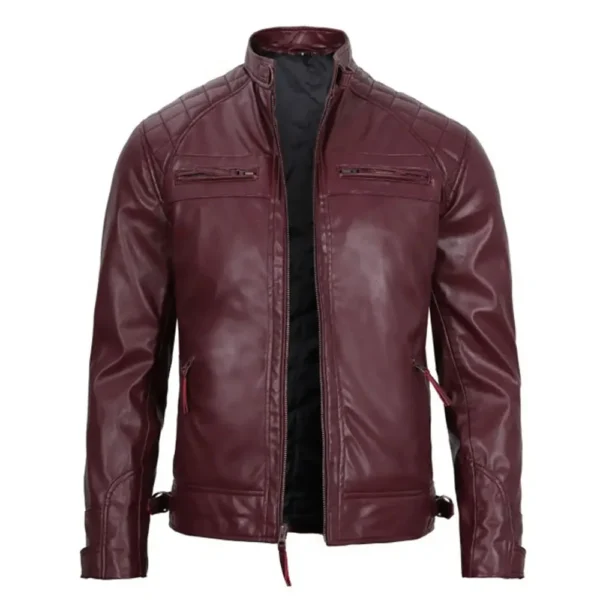 Mens Maroon Vegan Leather Quilted Biker Motorcycle Jacket by Jacket Field