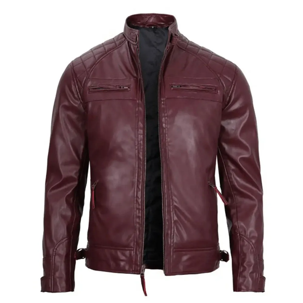 Mens Maroon Vegan Leather Quilted Biker Motorcycle Jacket by Jacket Field