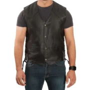 Mens Vintage V-Neck Black Leather Vest by Jacket Field - Image 2