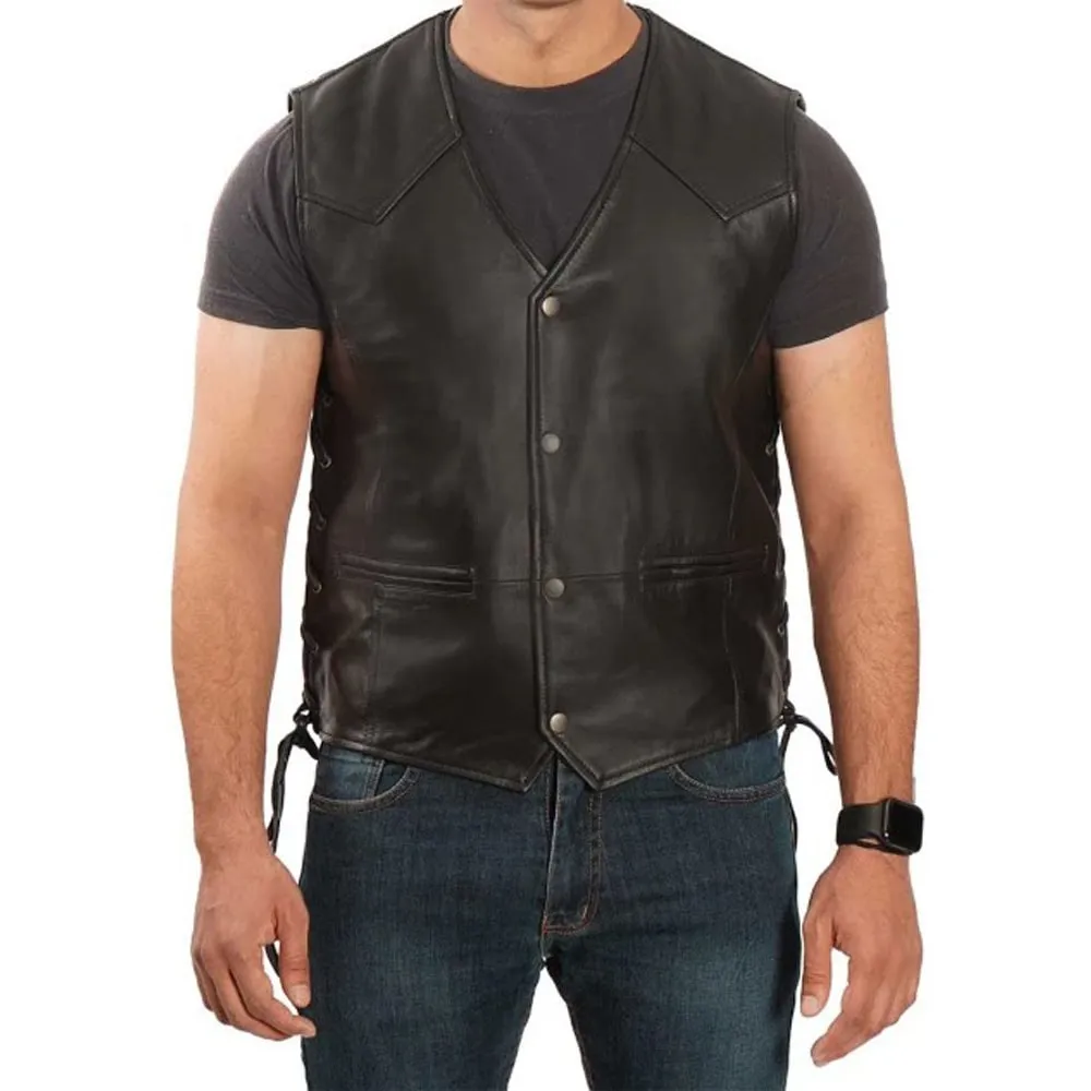 Alternative view of Mens Vintage V-Neck Black Leather Vest by Jacket Field