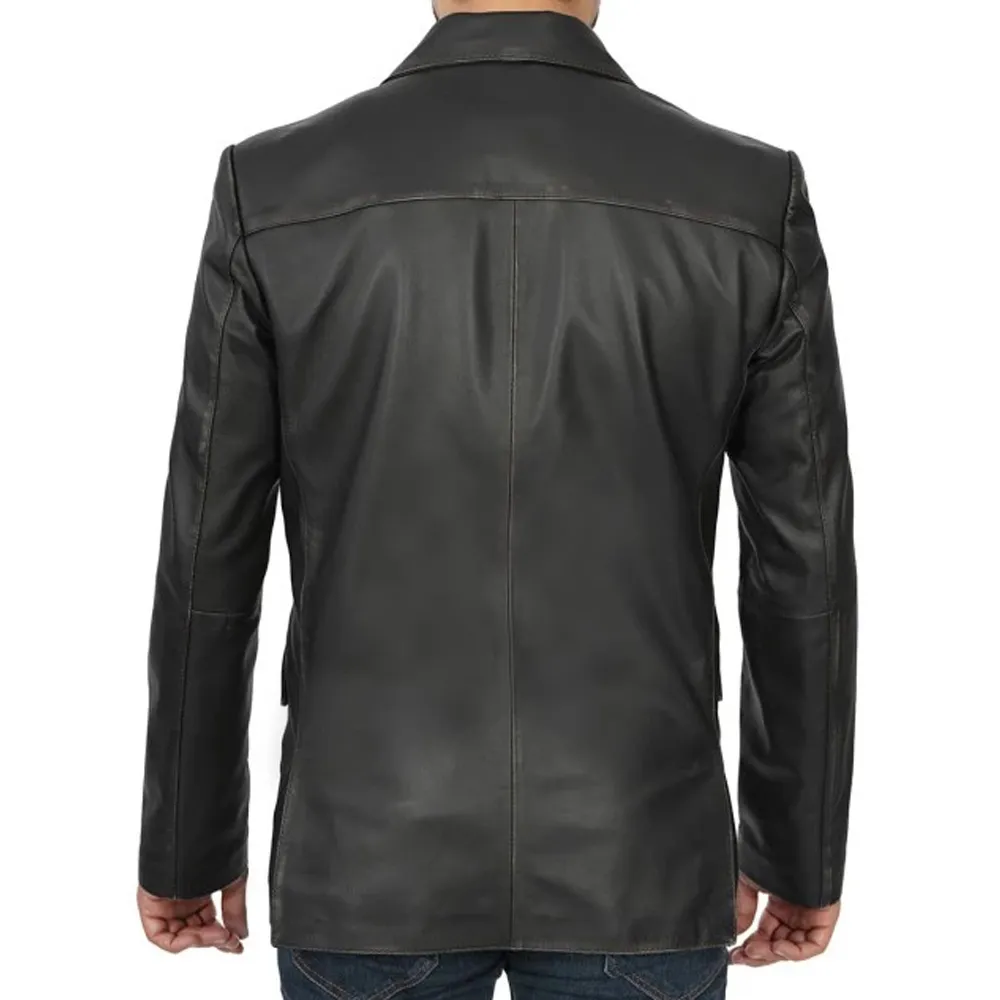 Mens Two-Button Black Leather Blazer Jacket by Jacket Field