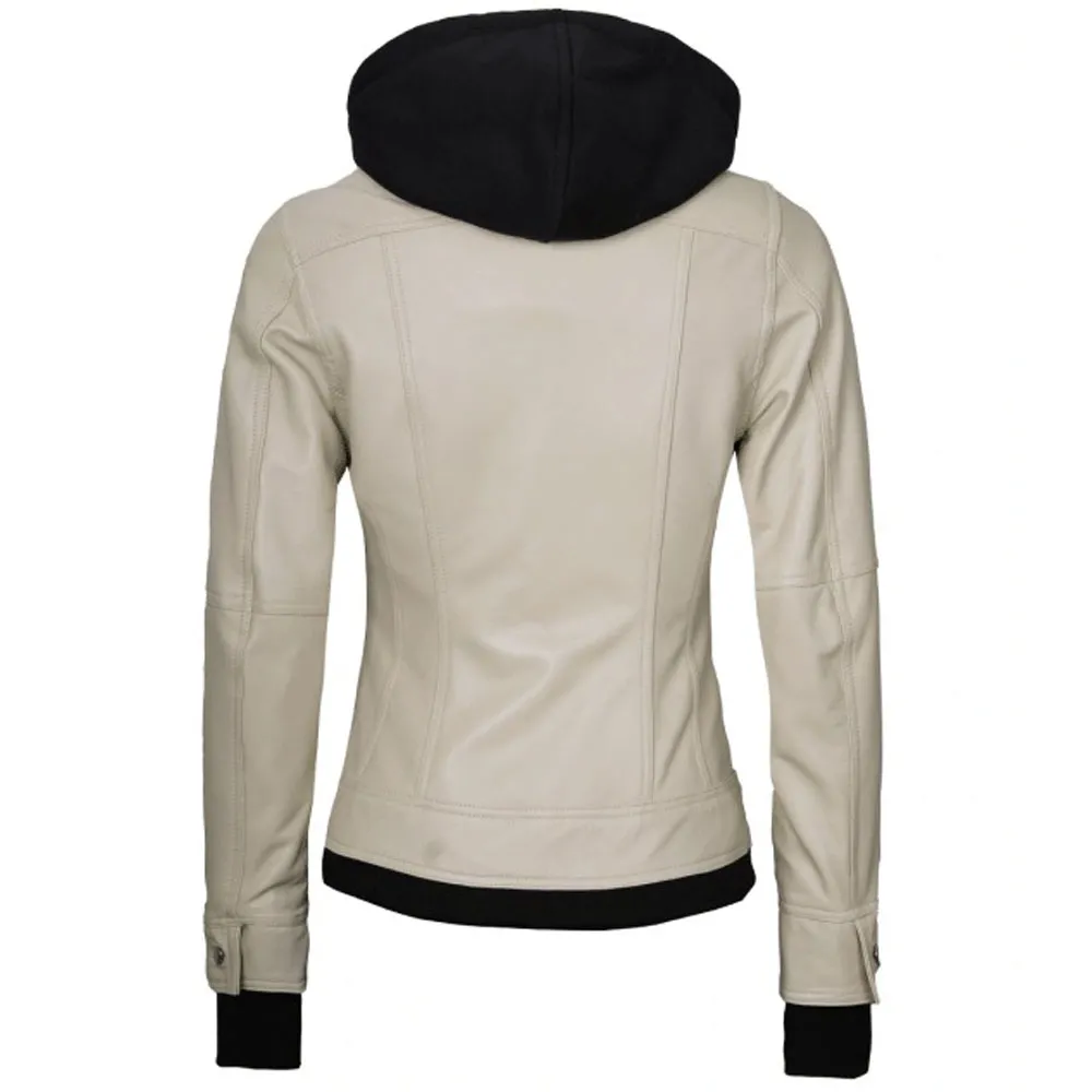 Beige Real Leather Bomber Jacket Women with Hood by Jacket Field
