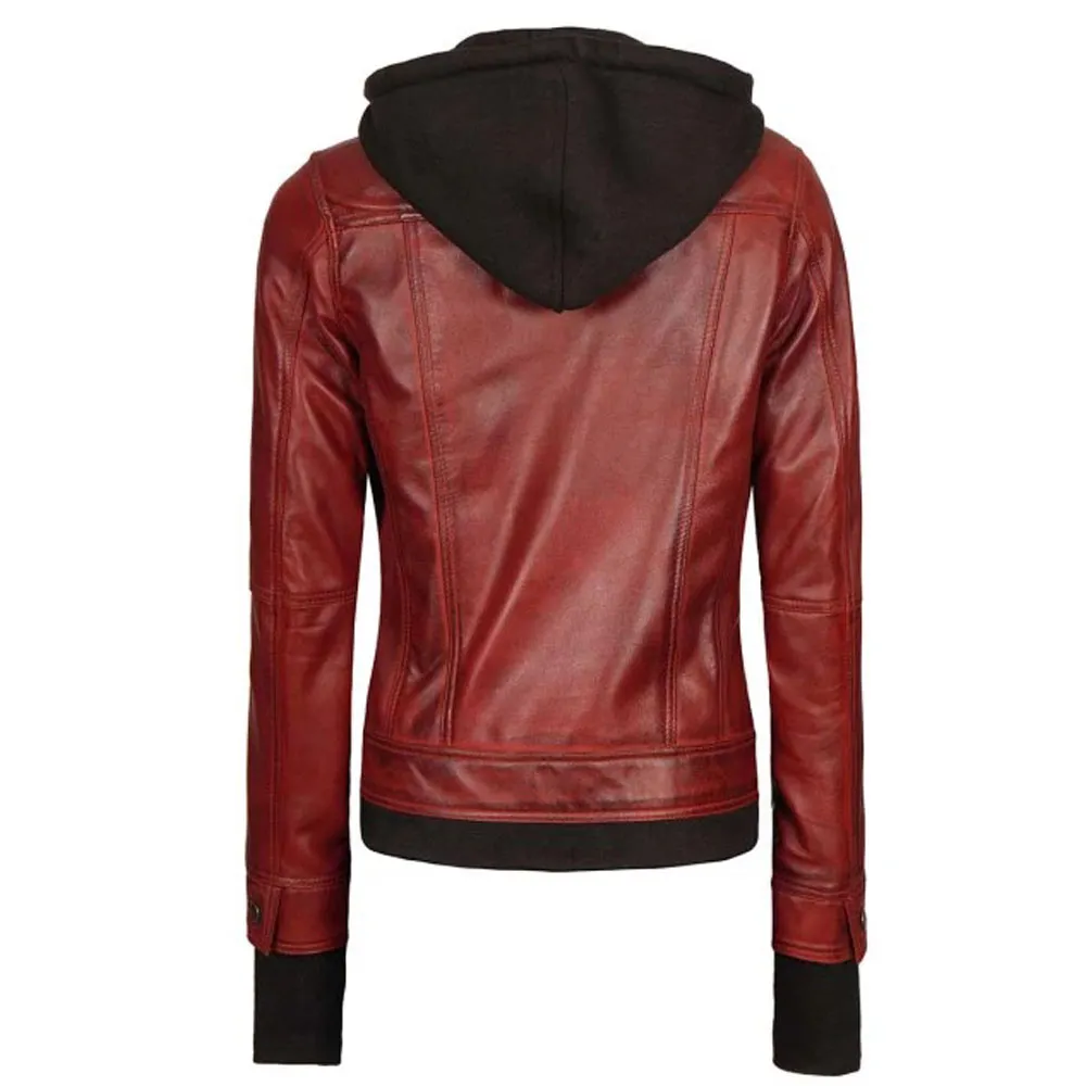 Tralee Maroon Leather Bomber Jacket Women with Removable Hood by Jacket Field