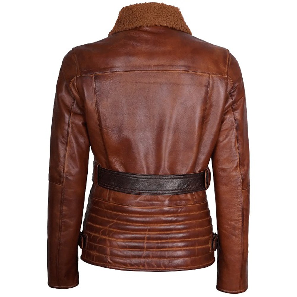 Womens Brown Asymmetrical Sherpa Leather Shearling Jacket by Jacket Field