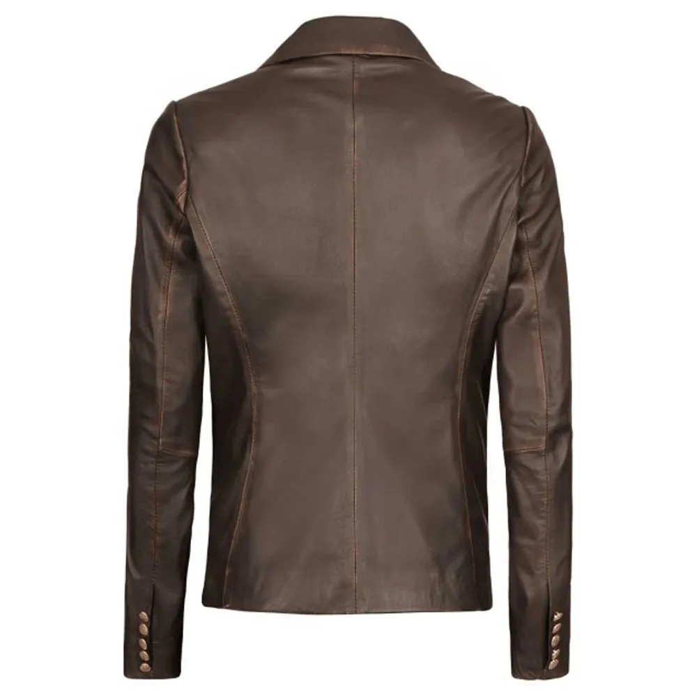Womens Double-Breasted Rub Off Brown Leather Jacket by Jacket Field