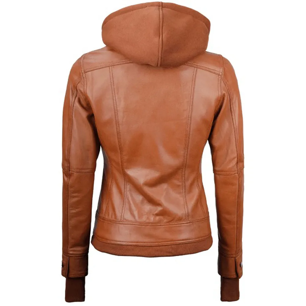 Tan Wax Leather Bomber Jacket Women with Detachable Hood by Jacket Field