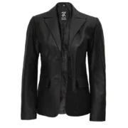 Women’s Two-Button Black Leather Jacket Blazer By Jacket Field