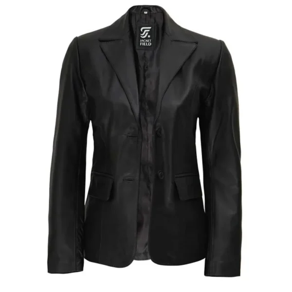 Women’s Two-Button Black Leather Jacket Blazer By Jacket Field