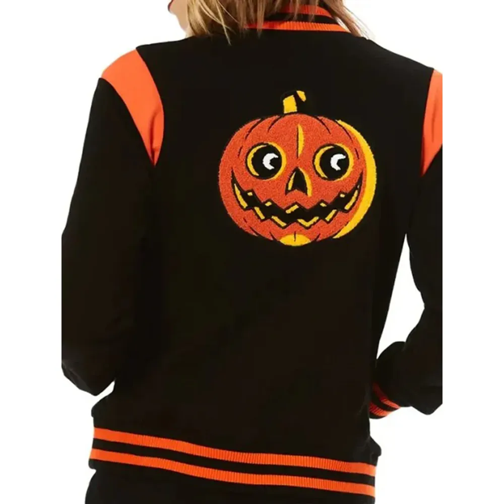 Women’s Black Wool & Leather Halloween Varsity Jacket by Jacket Field
