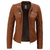 Tan Brown Leather Womens Jacket Motorcycle with Removable Hood by Jacket Field