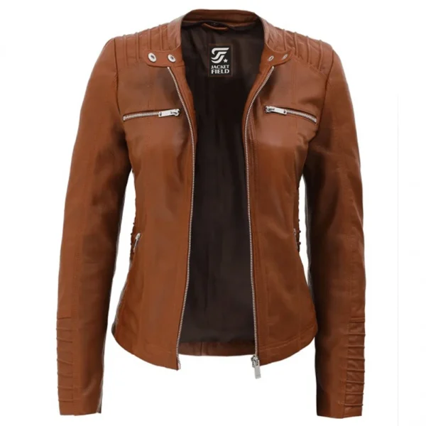 Tan Brown Leather Womens Jacket Motorcycle with Removable Hood by Jacket Field