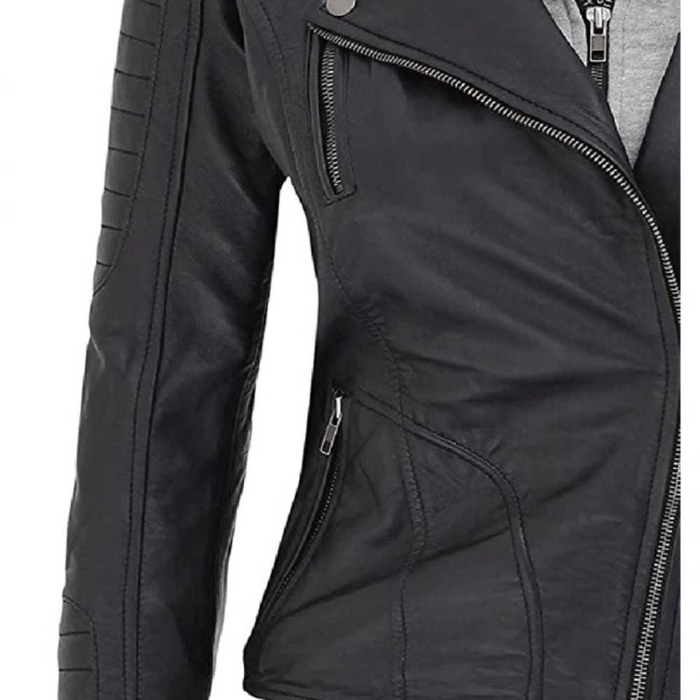 Black Lambskin Leather Womens Jacket Motorcycle with Removable Hood by Jacket Field