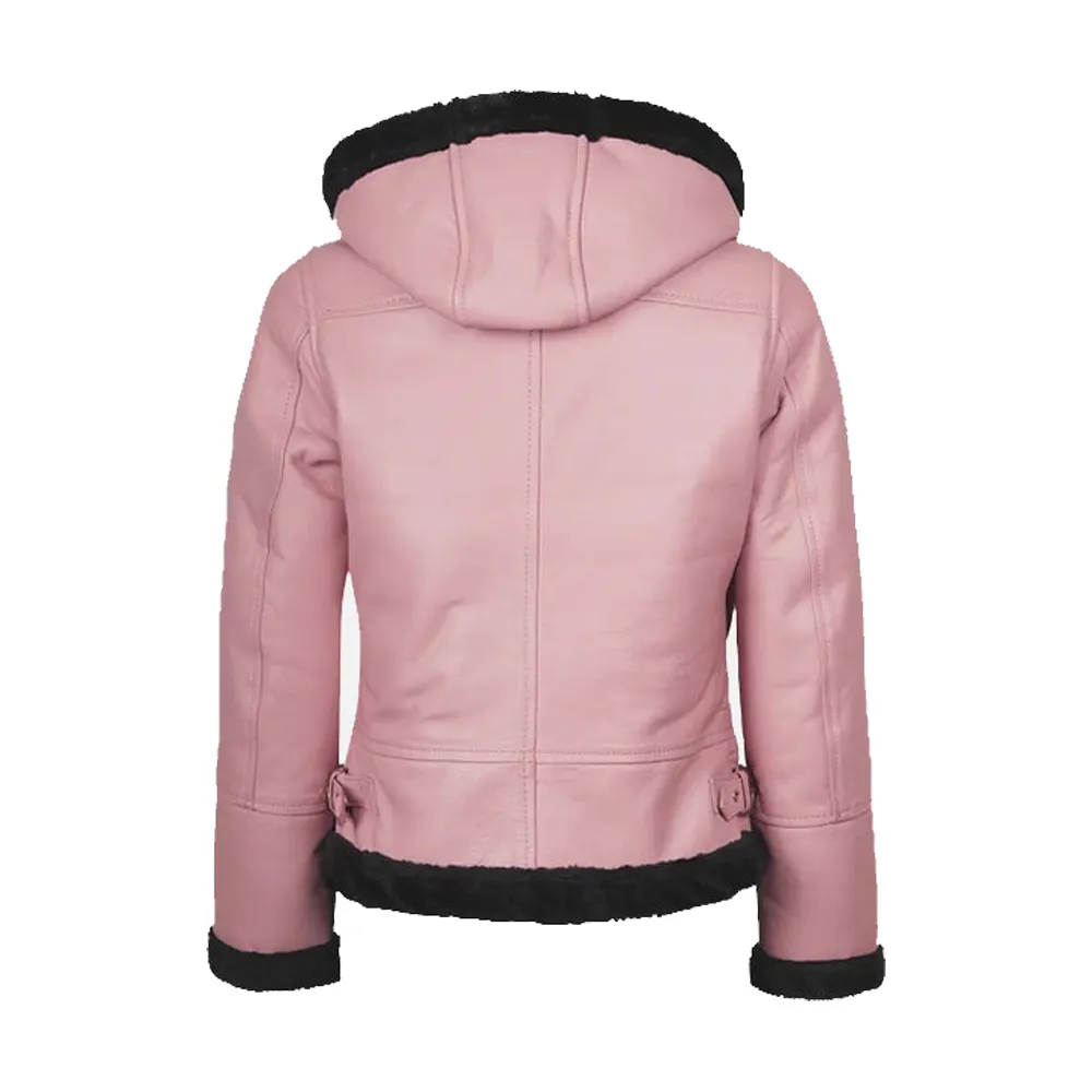 Womens Leather Hooded Shearling Pink Jacket by Jacket Field