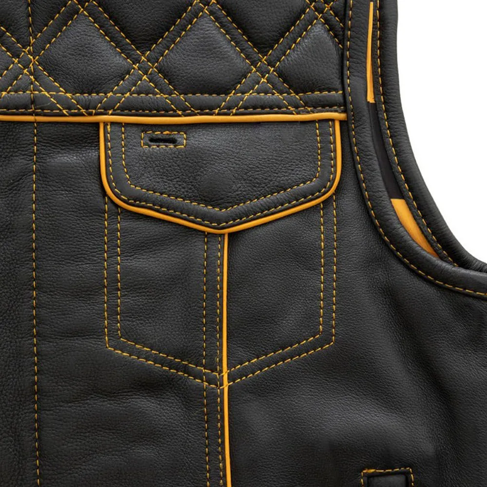 Gold Checker Style Mens Black Cowhide Leather Vest by Jacket Field