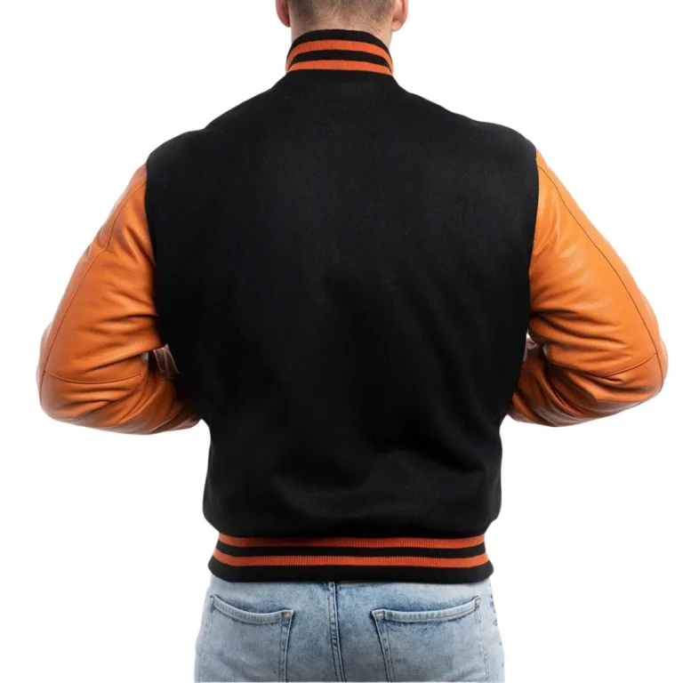 Mens Black Body & Orange Sleeves Clothing Varsity Jacket by Jacket Field