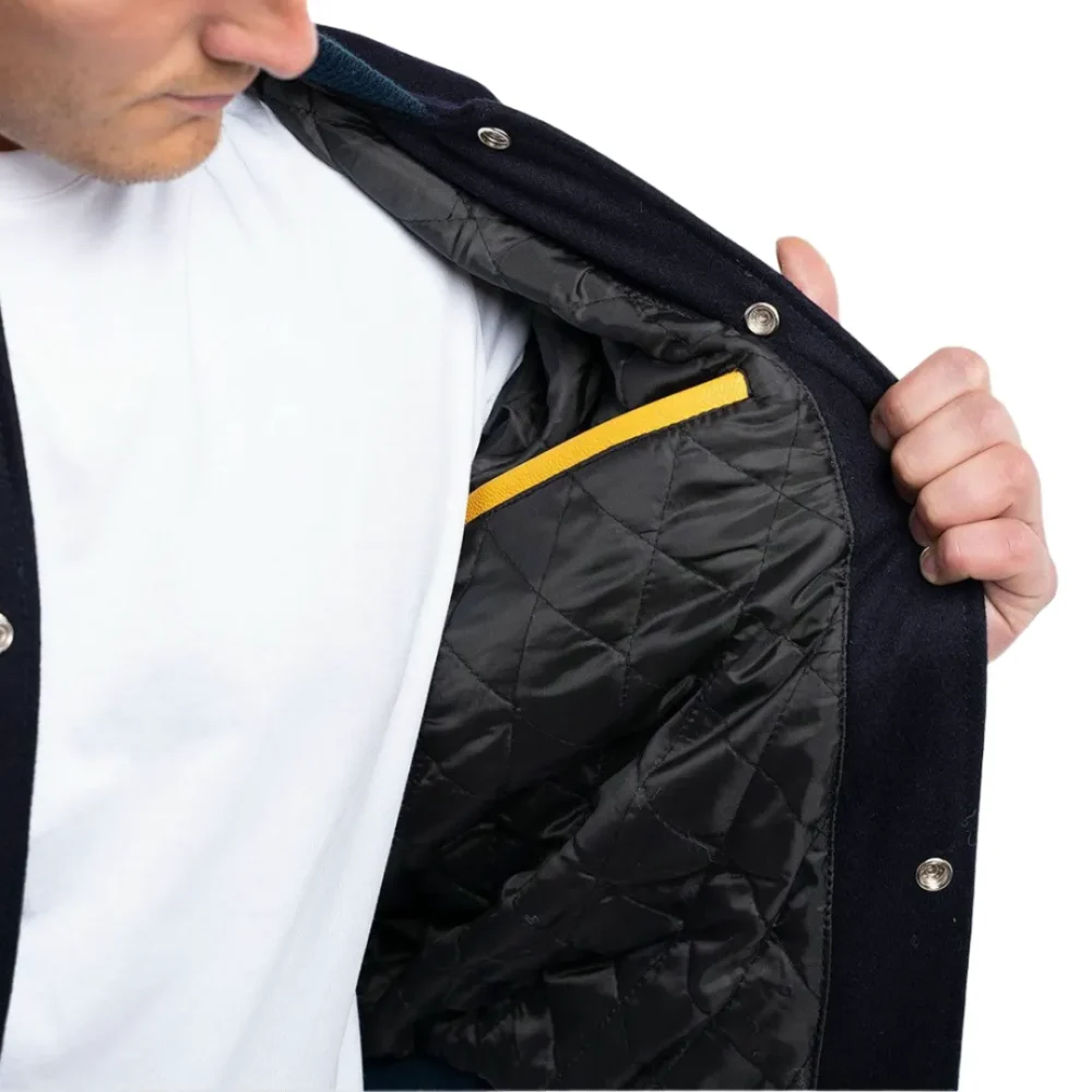 Mens Navy Blue & Lemon Sleeves Clothing Varsity Jacket by Jacket Field