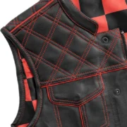 Red Checker Style Mens Black Cowhide Leather Vest by Jacket Field