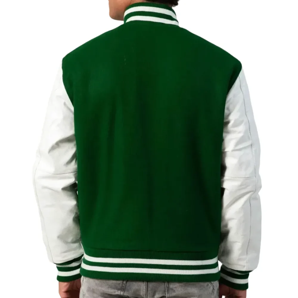 Mens Kelly Green & White Clothing Varsity Jacket by Jacket Field