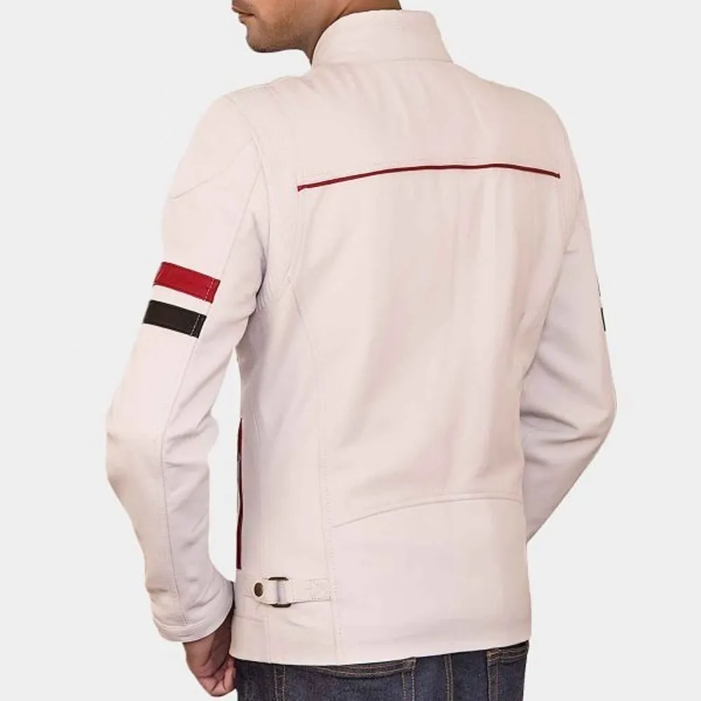 Mens Biker Racer Leather White Jacket by Jacket Field