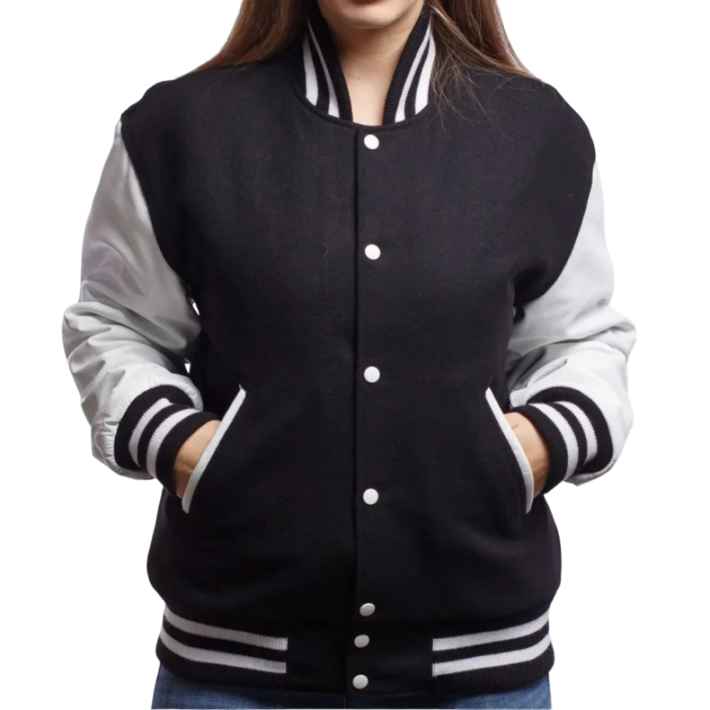 Womens Black Wool Body & Bright Leather Sleeves Clothing Varsity Jacket by Jacket Field