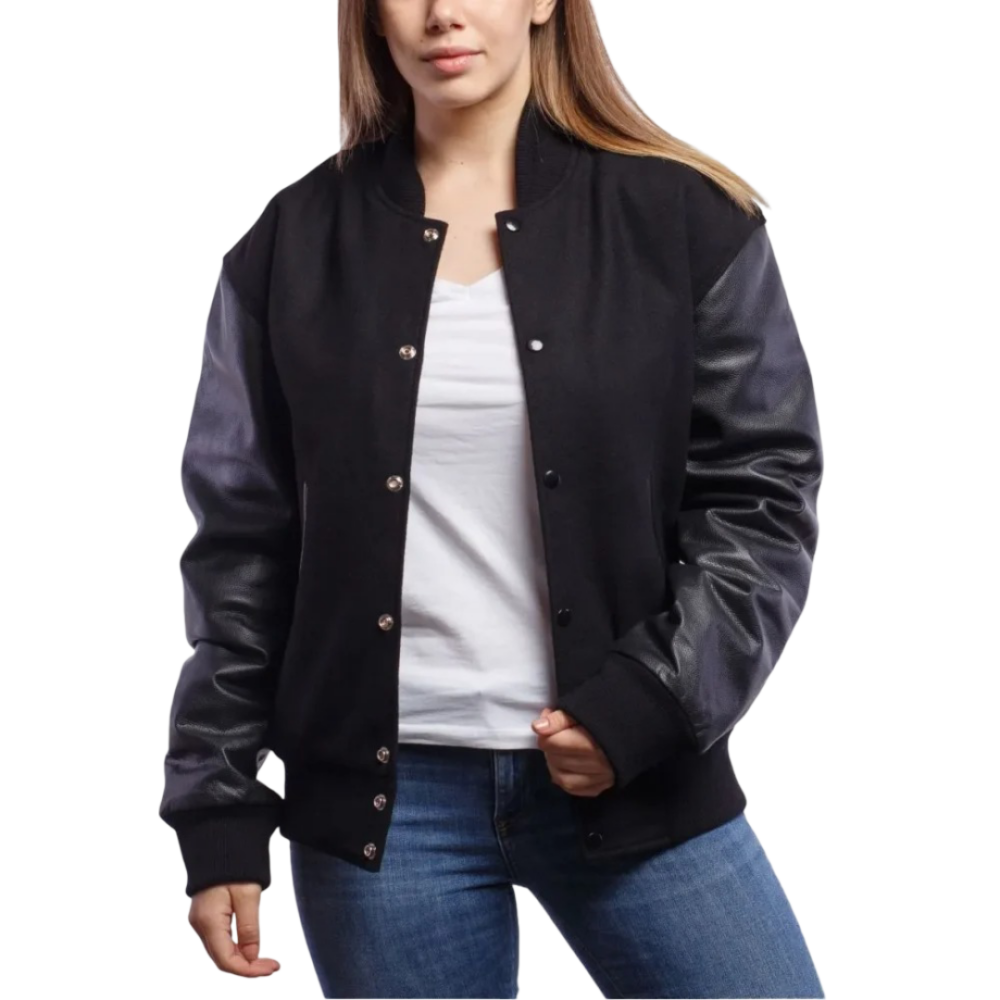 Womens Black Wool & Leather Clothing Varsity Jacket by Jacket Field