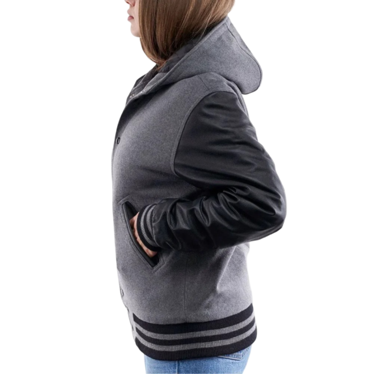 Womens Light Oxford Wool & Black Clothing Varsity Jacket with Hood by Jacket Field