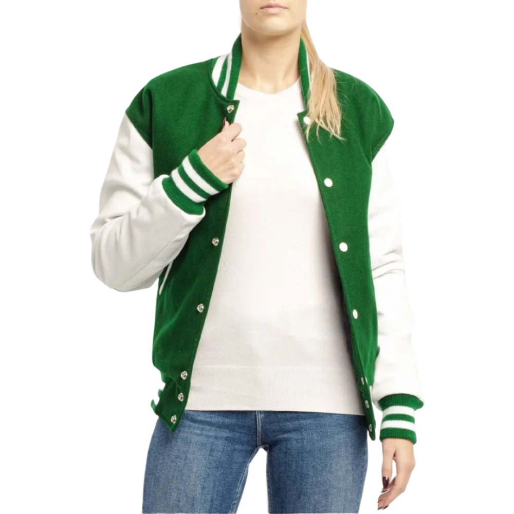 Womens Green and White Clothing Varsity Jacket by Jacket Field