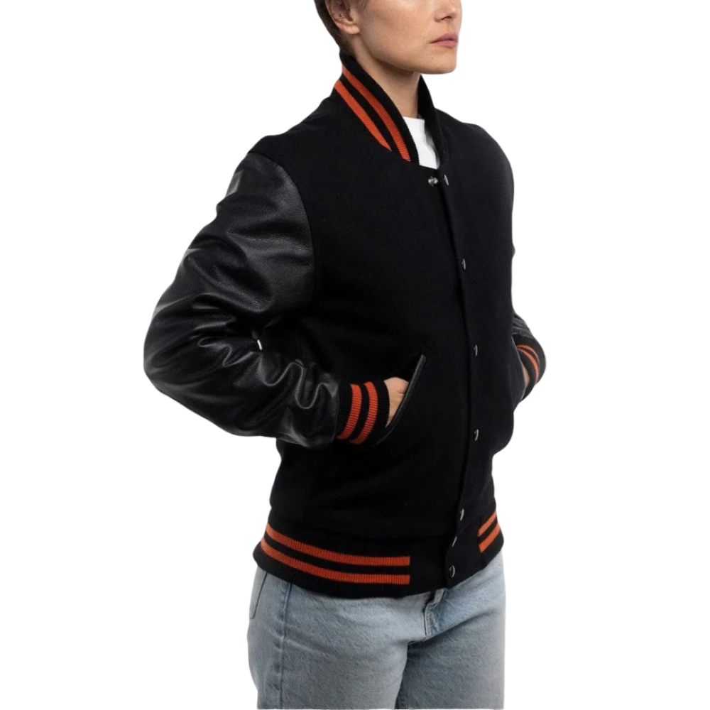 Womens Black Clothing Varsity Jacket with Orange Stripes by Jacket Field
