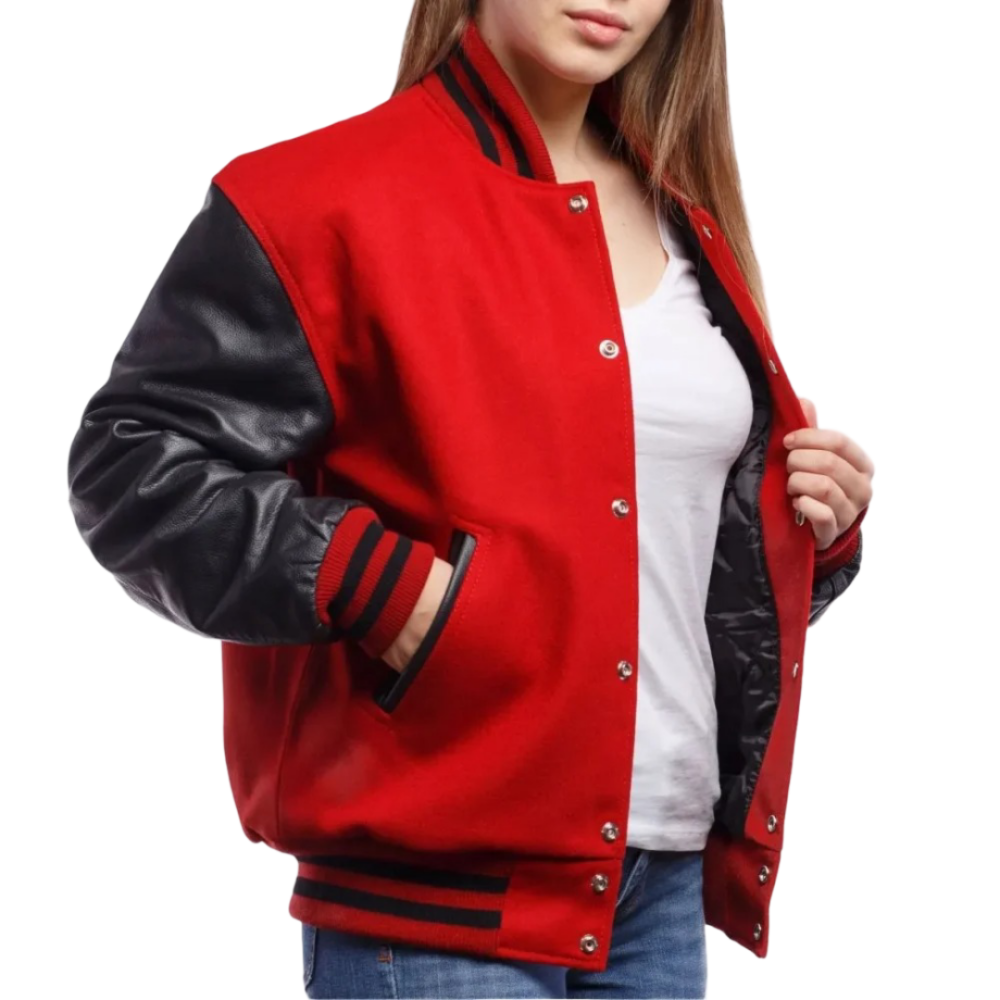 Womens Red Wool Body & Black Leather Sleeves Clothing Varsity Jacket by Jacket Field