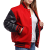 Womens Red Wool Body & Black Leather Sleeves Clothing Varsity Jacket by Jacket Field