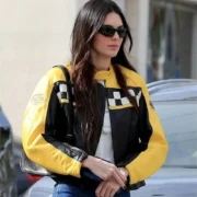 Kendall Jenner Aspen Black & Yellow Celebrity Leather Jackets by Jacekt Field