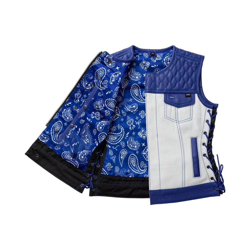 Women’s Motorcycle Leather Vest Blue & White Limited Edition by Jacket Field