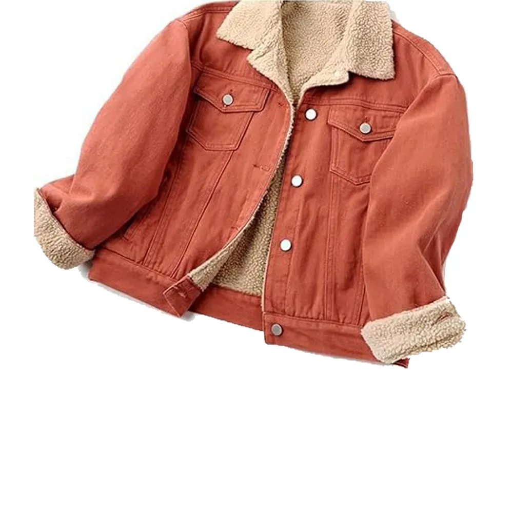 Womens Orange Sherpa Fleece Denim Jacket by Jacket Field