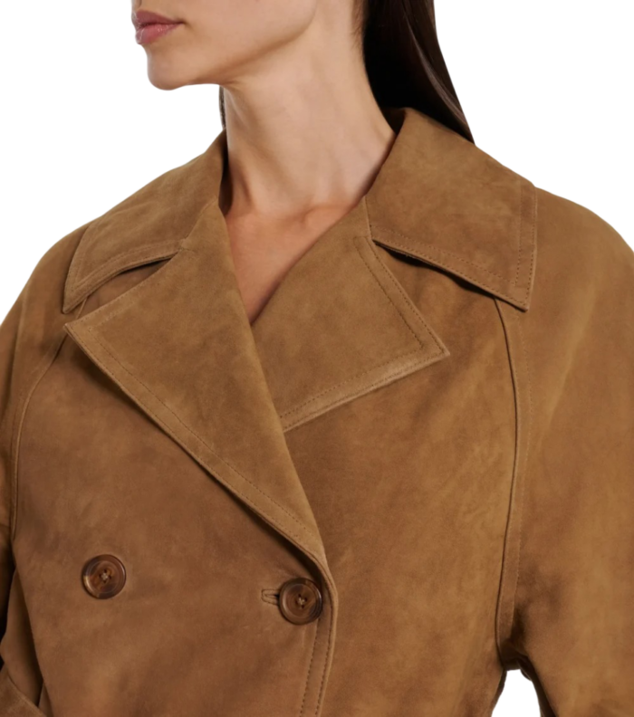 Womens Light Kaki Leather Double-Breasted Suede Jacket