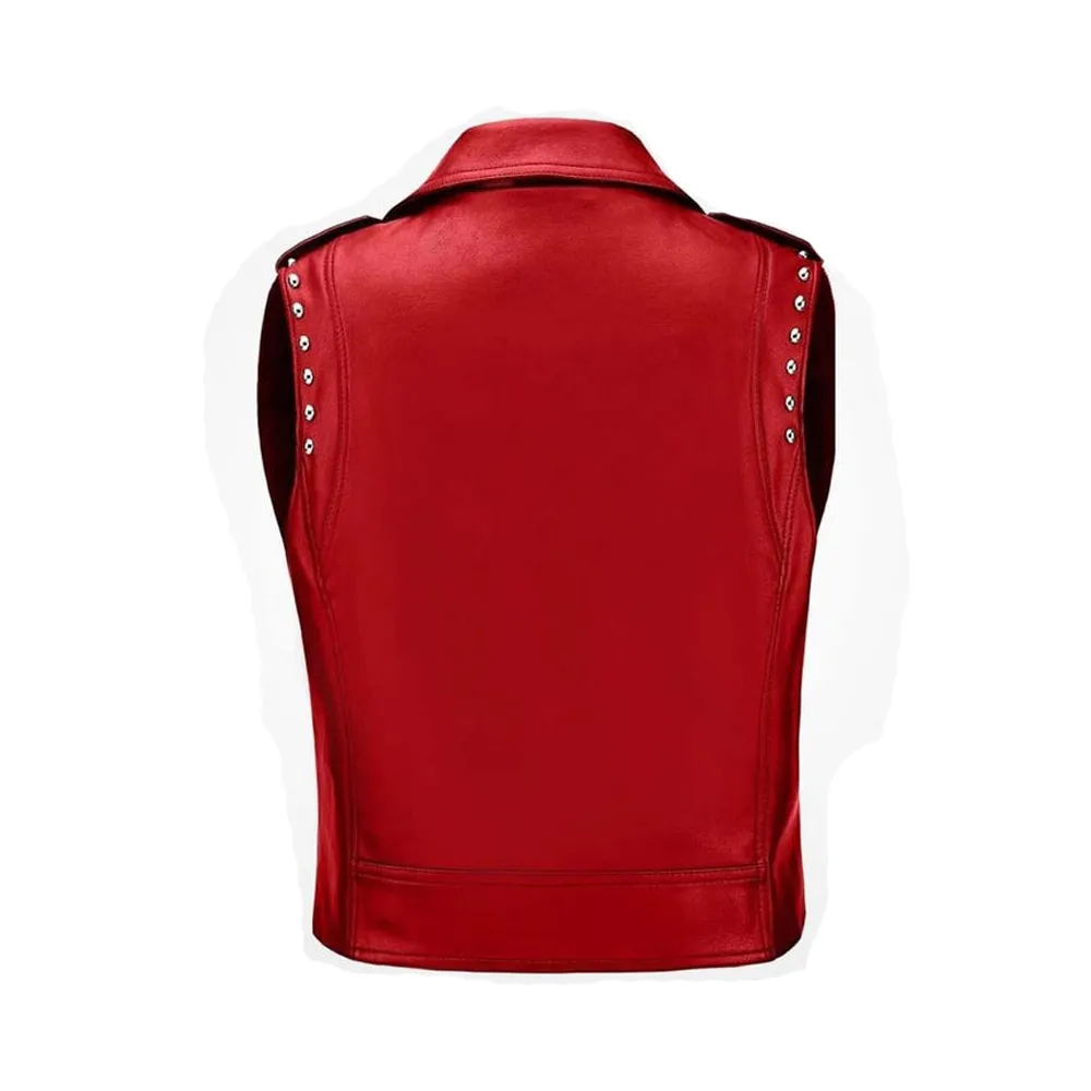 Womens Biker Red Leather Vest with Studded Accents by Jacket Field