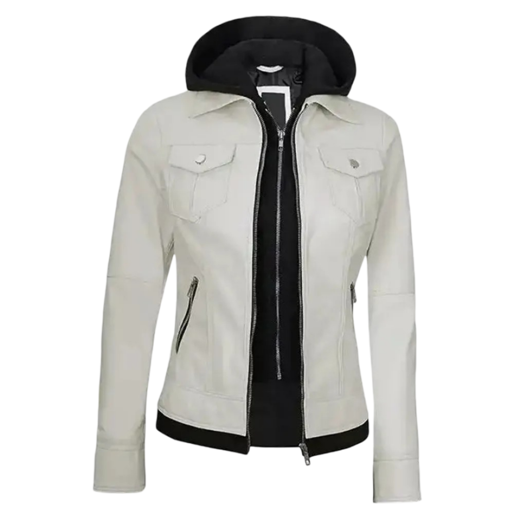 Women’s Off White Leather Jacket with Hood By Jacket Field