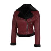 Womens Biker Shearling Black and Maroon Leather Jacket by Jacket Field