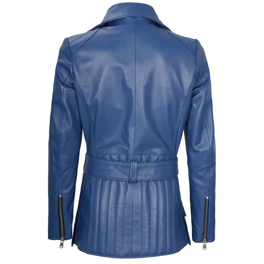 Womens Lambskin Leather Belted Blue Jacket by Jacket Field