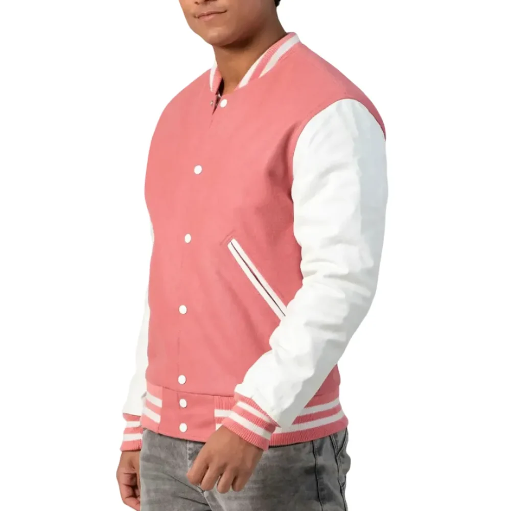 Mens Pink & White Leather Sleeves Clothing Varsity Jacket by Jacket Field