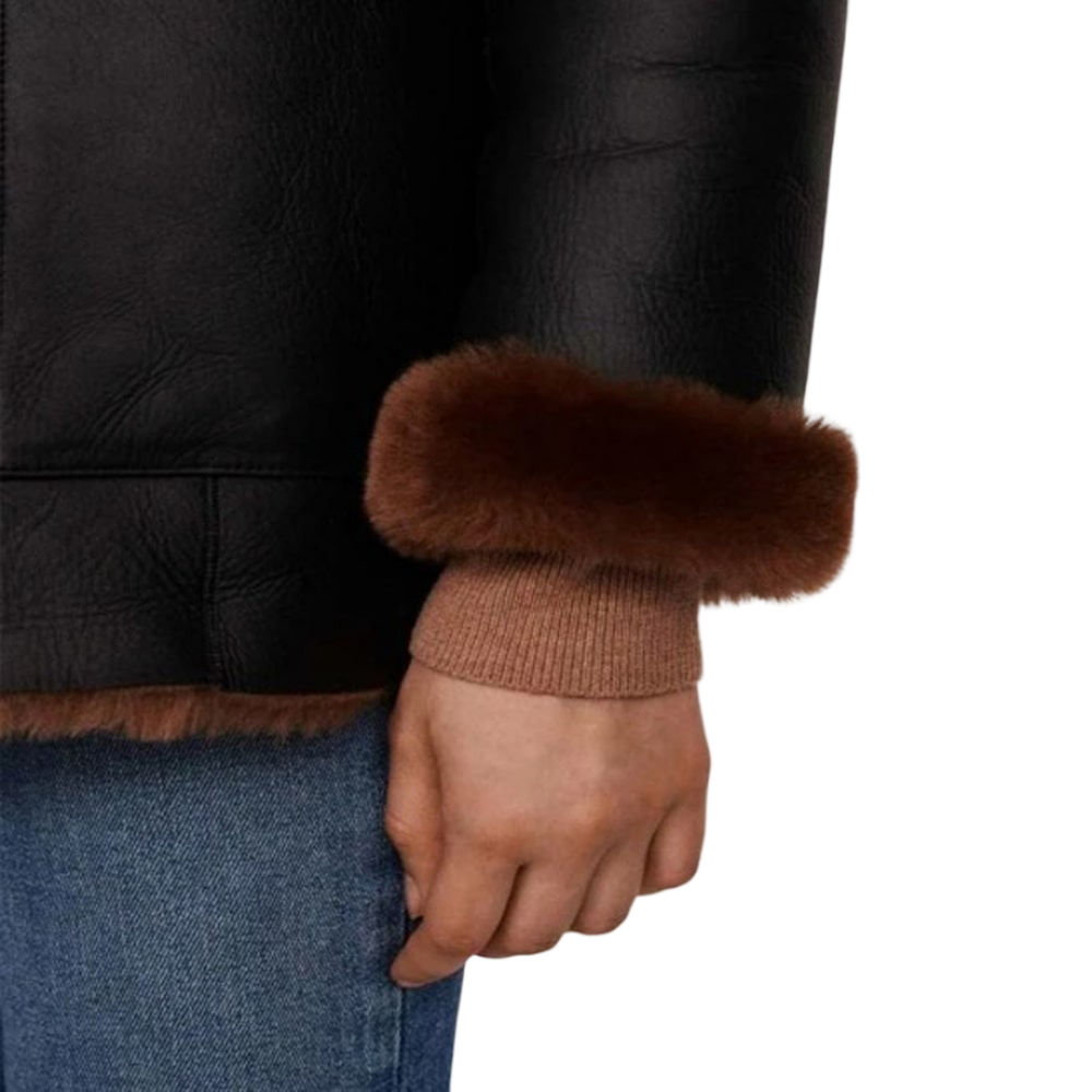 Womens Black Faux Leather Shearling Jacket by Jacket Field