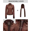 Dark Brown Leather Bomber Jacket Women with Removable Hood by Jacket Field