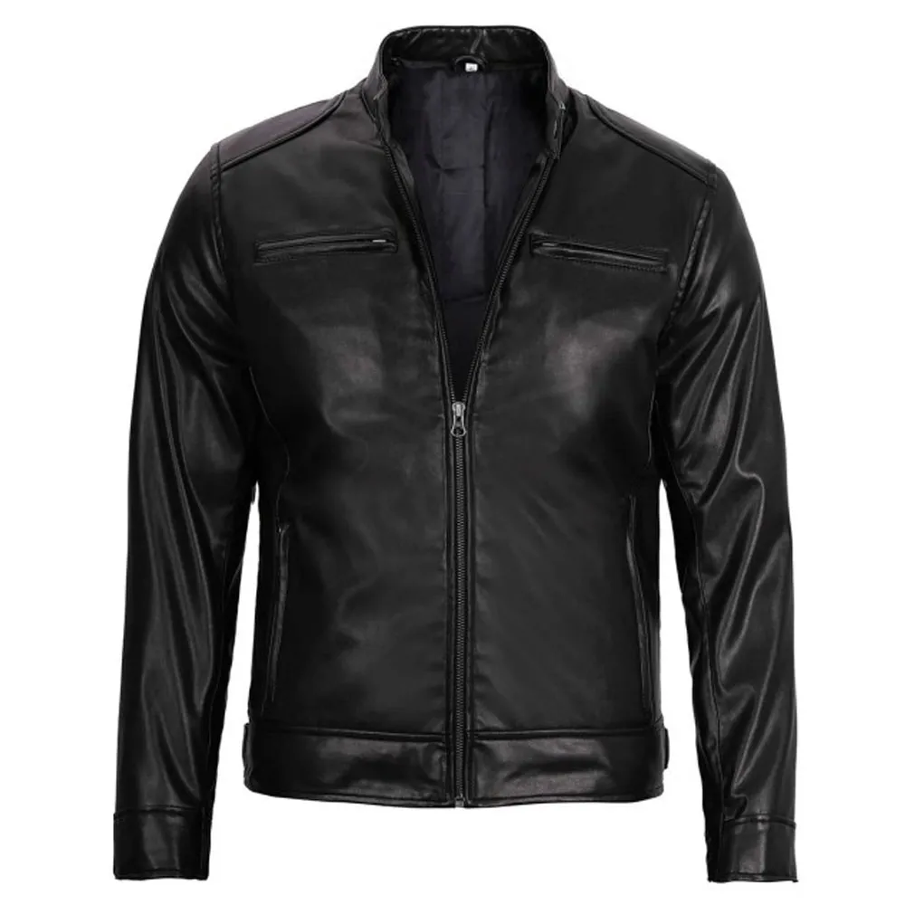 Mens Cafe Racer Vegan Black Leather Jacket by Jacket Field
