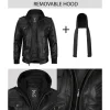 Black Leather Bomber Jacket Women with Removable Hood by Jacket Field
