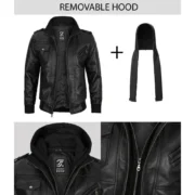 Black Leather Bomber Jacket Women with Removable Hood by Jacket Field