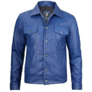 Men's Fernando Leather Trucker Blue Jacket by Jacket Field